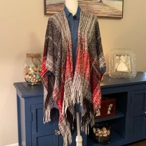 Knitted Poncho Black, Red, and Gray